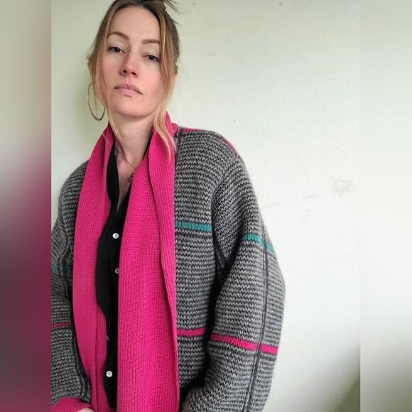 The Sandra 90s Vintage Grid Wool Zip Up Sweater L - Picture 14 of 16